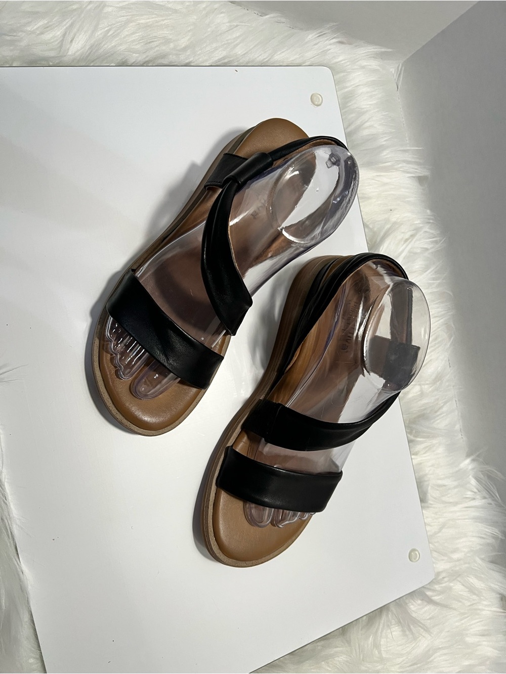 Comfortiva Women’s Black Leather Double-Strap Sandals
